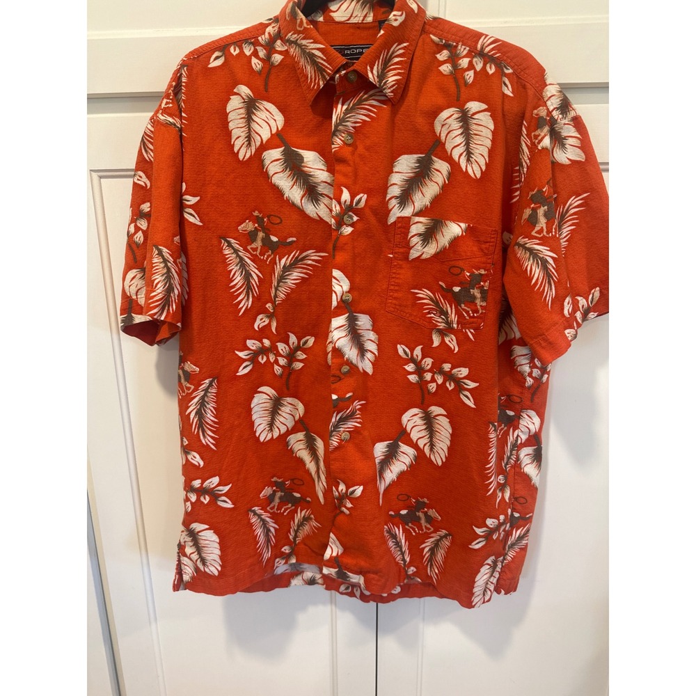 Roper Mens Orange Cotton hawaiian Cowboy Rodeo Print Short Sleeve Shirt L
